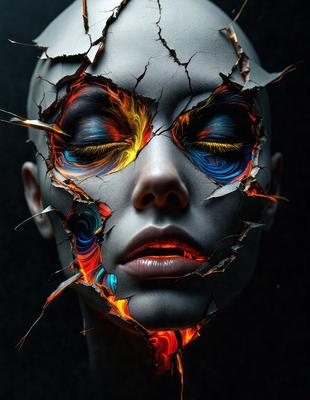 The primary subject of the image is a close-up of a face with a mix of colors, including blue, yellow, and orange. The face appears to be a blend of human and digital elements, giving it a unique and artistic appearance. The setting is a dark background, which further emphasizes the vibrant colors of the face. The visual style is a combination of digital art and illustration, creating a striking and eye-catching image. The overall atmosphere is one of creativity and artistic expression.